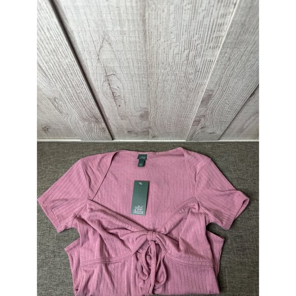 Pink Ribbed Tie-Front Bodysuit Wild Fable Polyester Blend Short Sleeve Medium - Picture 3 of 6